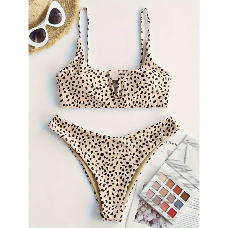 [Sexy Dots Bikini] ZAFUL Two-Piece Dots Print High Cut Bikini Set, Women's Notched V Neckline Swimsuit, Adjustable Straps, Sexy Summer Beachwear, Poolside Fashion summer outfits