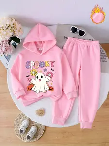 Halloween Hoodie Set, Girls Cartoon Ghost Print Sweatshirt + Jogger Pants Two-Piece, Casual Fall & Winter