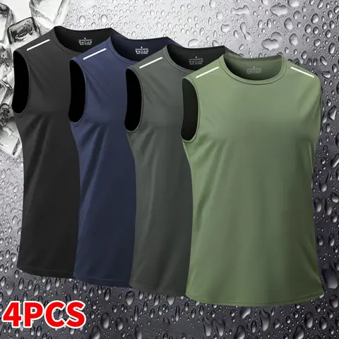 Men's 4-Pack Dry-Fit Fitted Quick-Dry Polyester Athletic Tank Tops - Sleeveless Crewneck Synthetic Sports Vests for Gym, Running