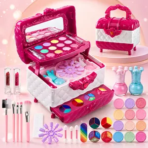 Girls Washable Makeup Toy Set, Pretend Play Beauty Kit with Case, Brushes, Eyeshadow, Lip Gloss and Nail Accessories