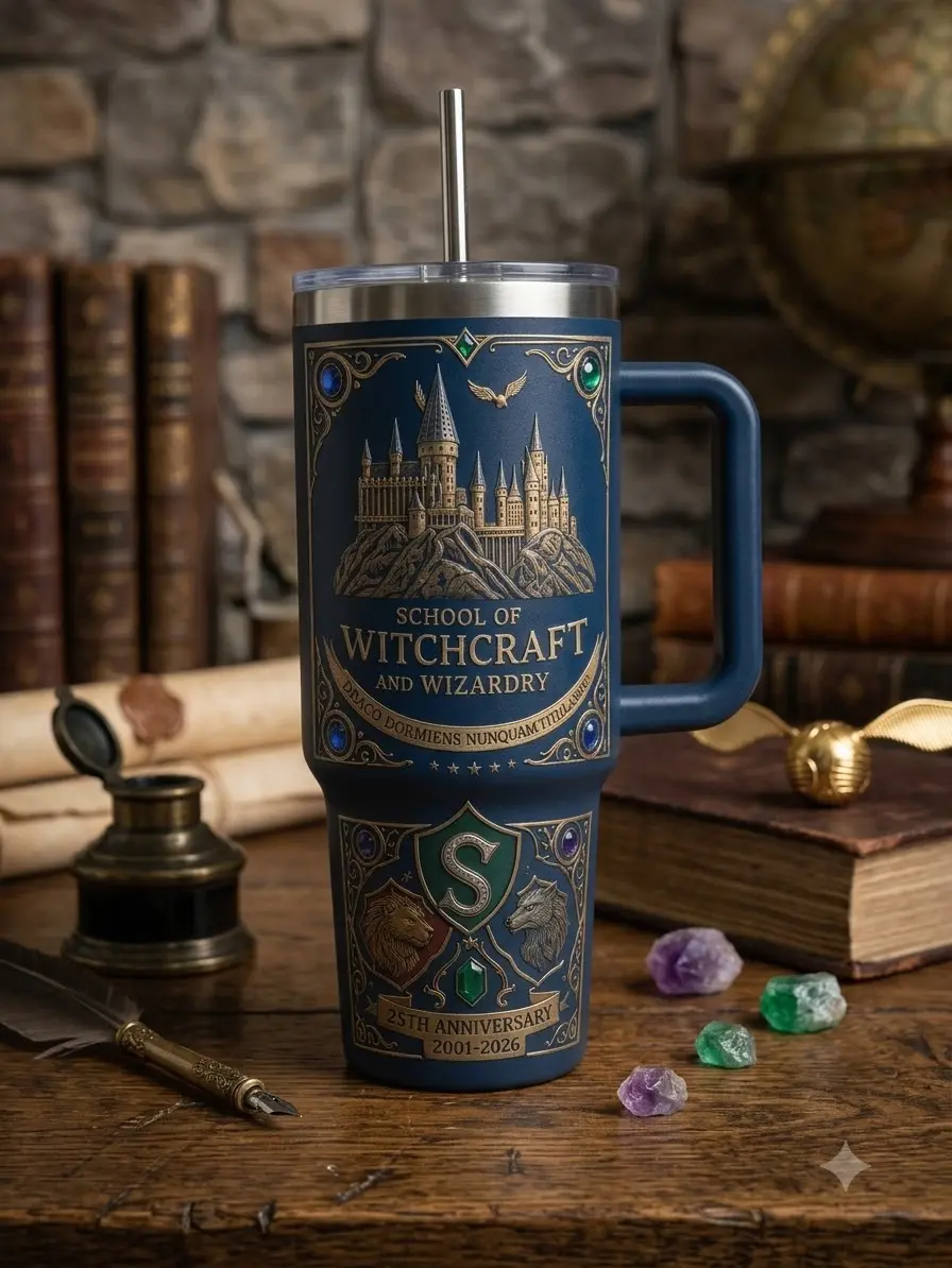 Fantasy Witchcraft School 40oz Tumbler with Handle & Straw, Magical Castle Wizard Inspired Insulated Travel Cup, Vintage Spellbook & Potion Design, Wizard Lover Gift