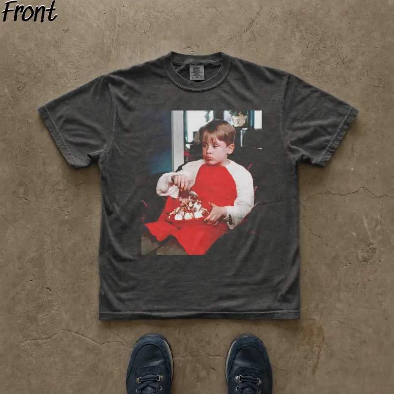 Women's Cute Cotton Crew Neck Casual Short-Sleeve Christmas Shirt - Vintage Home Alone Kevin McCallister Comedy Graphic, Santa Claus Winter Back Print, Cold Wash, Lightweight All-Season Unique Gift