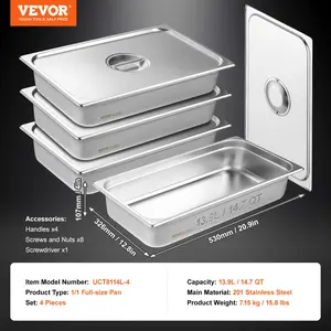VEVOR 4 Pack Hotel Pans, Full Size Anti-Jam Steam Pan with Lid, 0.8mm Thick Stainless Steel Steam Table Pan, 4-Inch Deep Commercial Table Pan, Catering Storage Food Pan, for Industrial Scientific