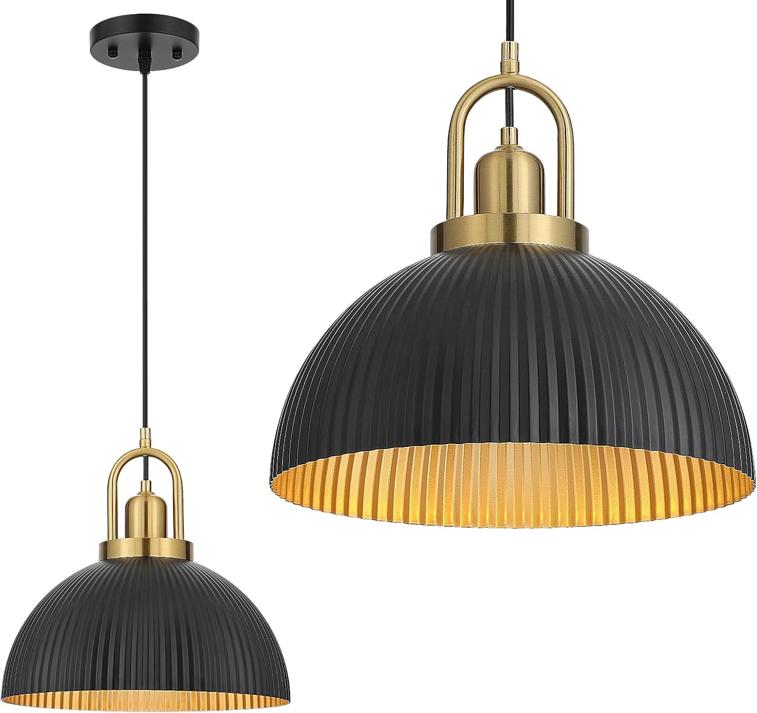 Pendant Lights Kitchen Island, Black Metal Farmhouse Pendant Light Fixtures, 11.8" Industrial Modern Hanging Light for Dining Room Bedroom Cafe Bar (Black/Gold, 1 Pack)