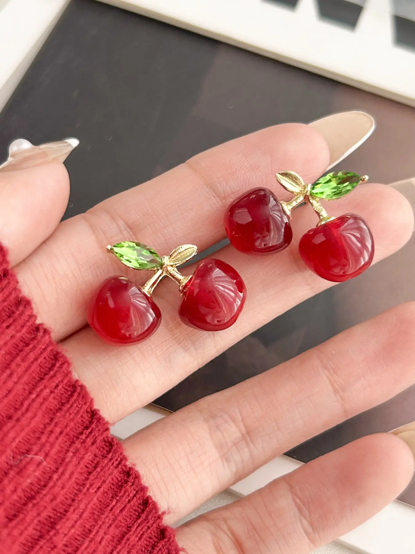 Silver Color Rhinestone Resin Earrings, Ankara Cherry Design, Sweet and Fresh, Sparkling Ear Jewelry, Versatile Fashion Jewelry for Women