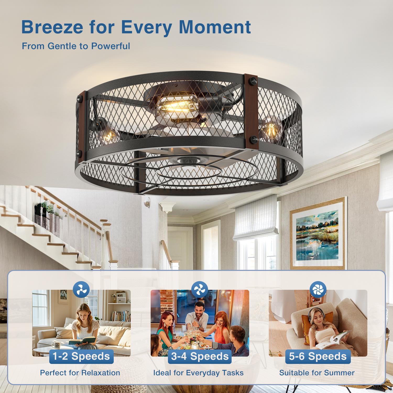 20" Farmhouse Flush Mount Ceiling Fans with Lights and Remote, Industrial Black Caged Low Profile Fandelier, 6 Speeds Bladeless Ceiling Fan for Bedroom, Kitchen, Living Room