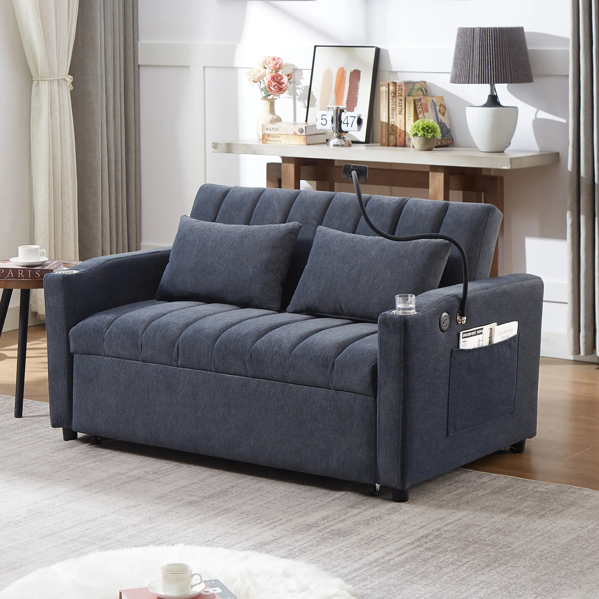 Convertible Sofa Bed Loveseat with USB Ports, Side Pockets, Cup Holders, and 360° Swivel Phone Holder for Living Room