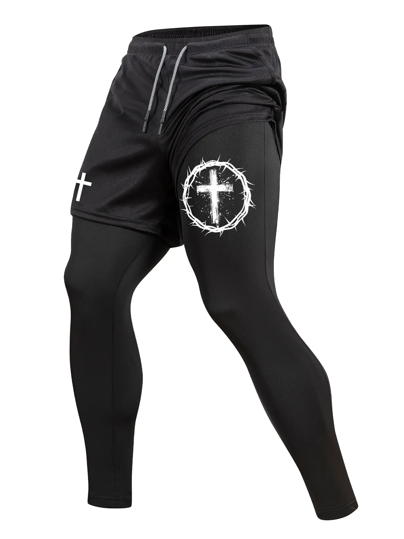 Men's Thorn Cross Print Sporty 2 in 1 Compression Sports Pants, Spring & Fall Gym Workout Fitness Training Pant Tights Leggings with Phone Pocket, Zipper Pocket, Towel Loop, Athletic Running Quick Dry Baselayer Activewear, Gym Sportswear Bottoms