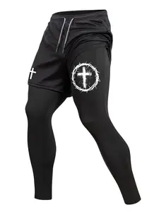 Men's Thorn Cross Print Sporty 2 in 1 Compression Pants, Spring & Fall Gym Workout Fitness Tights Leggings with Phone Pocket, Zipper Pocket, Towel Loop, Athletic Running Quick Dry Baselayer Activewear