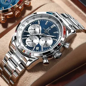 Men's Luxury Blue Dial Chronograph Quartz Watch - Stainless Steel Wristwatch with Tachymeter, Date Display, Multi-Function Subdials, Elegant Business Sport Dress Watch, Perfect Gift for Husband Dad Boyfriend