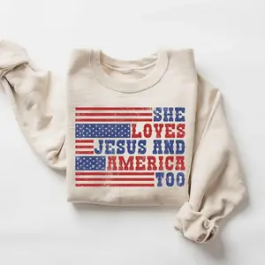 Retro USA sweatshirt for women featuring a bold crewneck style, celebrating love for Jesus and America, perfect patriotic USA shirt for everyday wear.