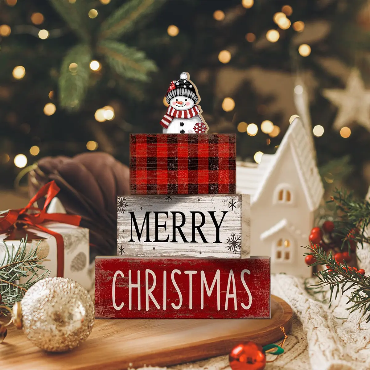 4 pcs Christmas Table Centerpiece Rustic Decorative, Tiered Tray Decor, Nativity Scene Wooden Decoration, Funny Gingerbread Christmas Sign, Block Signs Gift Farmhouse Winter Table Decoration for Home Kitchen, Party Decoration