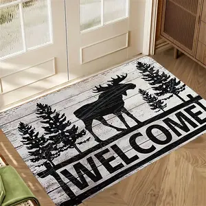 1pc Rustic Welcome Mat with Moose & Pine Tree Design - Soft Flannel Outdoor Mat for Entryway, Living Room, Kitchen, Bathroom & Patio - Durable Polyester, Machine Washable, Home Decor Doormat, Moose Home Deco