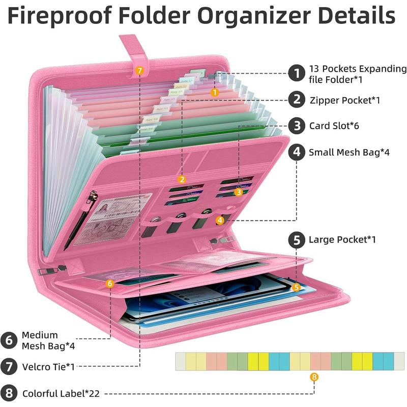 Fireproof Accordion File Organizer, Portable Expanding File Folder with  Zipper&Labels, Pink Document Organizer with 13 Pockets, File Organizer for Important Document/Paper Storage