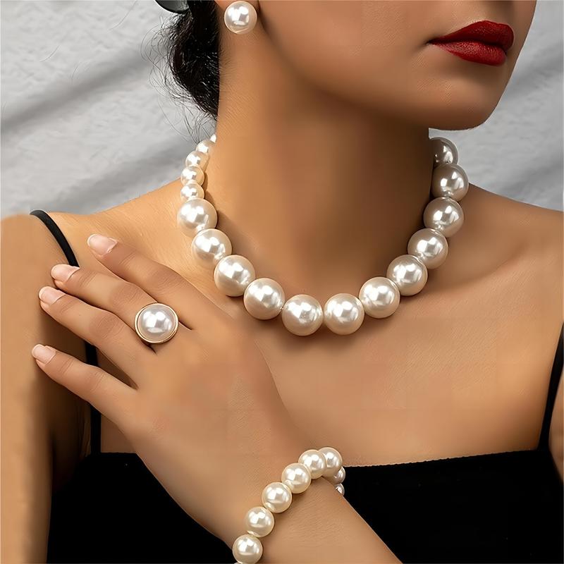5PCS Elegant Women Faux Pearl Jewelry Set Vintage Necklace, Bracelet, Earrings, and Ring Handmade Adjustable Faux Pearl Pendant Necklace Exquisite Bracelet Engagement Anniversary Jewelry Gift