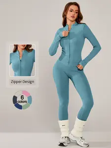 Women's Sporty Slim-Fitting Long Sleeve Jacket, High Waist Shaping, Tight Fit, Textured Washed Fabric, All Seasons Wear, Sports Activewear Set