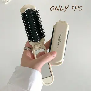 Portable Foldable Hair Brush with Mirror, Anti-Static Cleaning Comb for Curly, Wet, and Dry Hair, Cartoon Design for Women