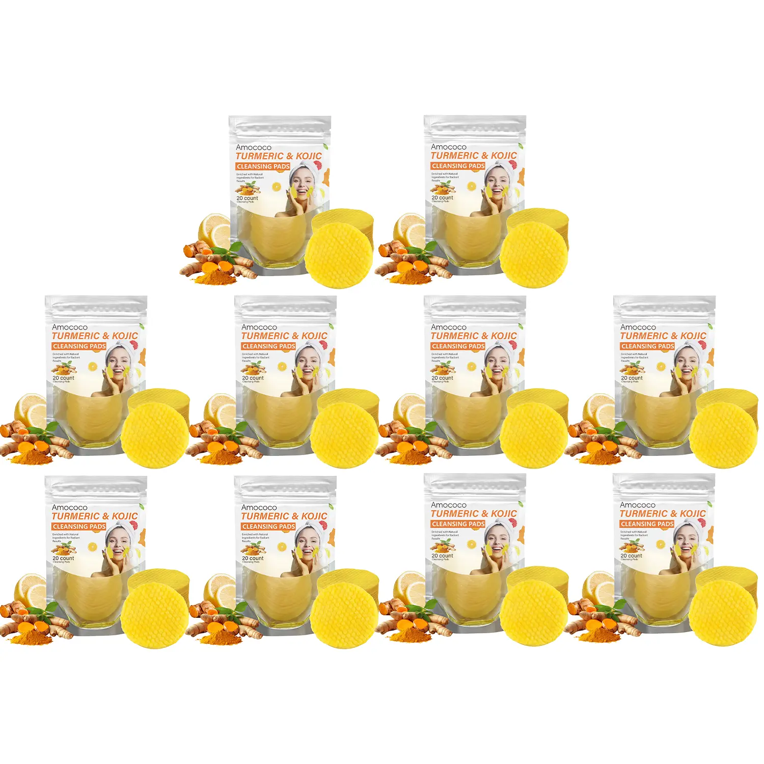 10PCS-Turmeric & Kojic Acid Cleansing Pads - 20pcs Normal Skin Gentle Facial Cleanser Pads, Deep Clean, Soft Texture, Multi-Pack Skincare for Comfortable Use