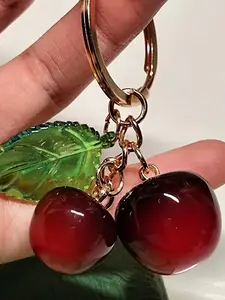 1pc Realistic Cherry Keychain with Translucent Green Leaves & Red Fruit Charms - Women's Keychain, Gift for Women& Girls, Golden Ring Clasp Suitable for Backpacks, Wallets, Purses - Cute Portable Keychain Accessory