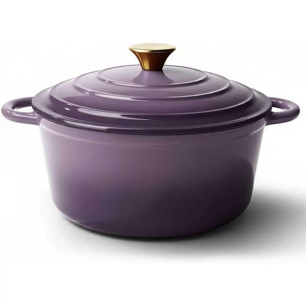 Vintage Style 6 Qt Oval Non-Stick Enameled Cast Iron Dutch Oven with Convex Lid - Heavy-Duty, Easy-to-Clean, Thermal Circle, 500°F Oven-Safe Cookware (Purple; 4.5 Qt Option Available)
