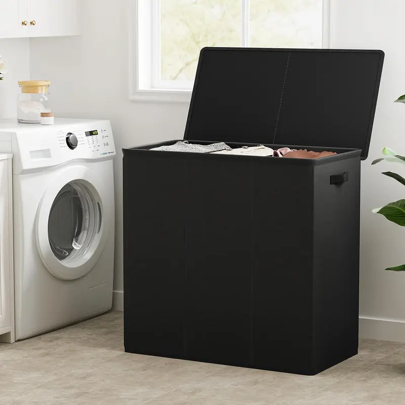 180L Laundry Hamper with Lid 3 Section,Large Laundry Basket with Removable Bags and Handles,Collapsible Dirty Clothes Hampers for Laundry,Laundry Basket Organizer for Laundry Room,Dorm,Black