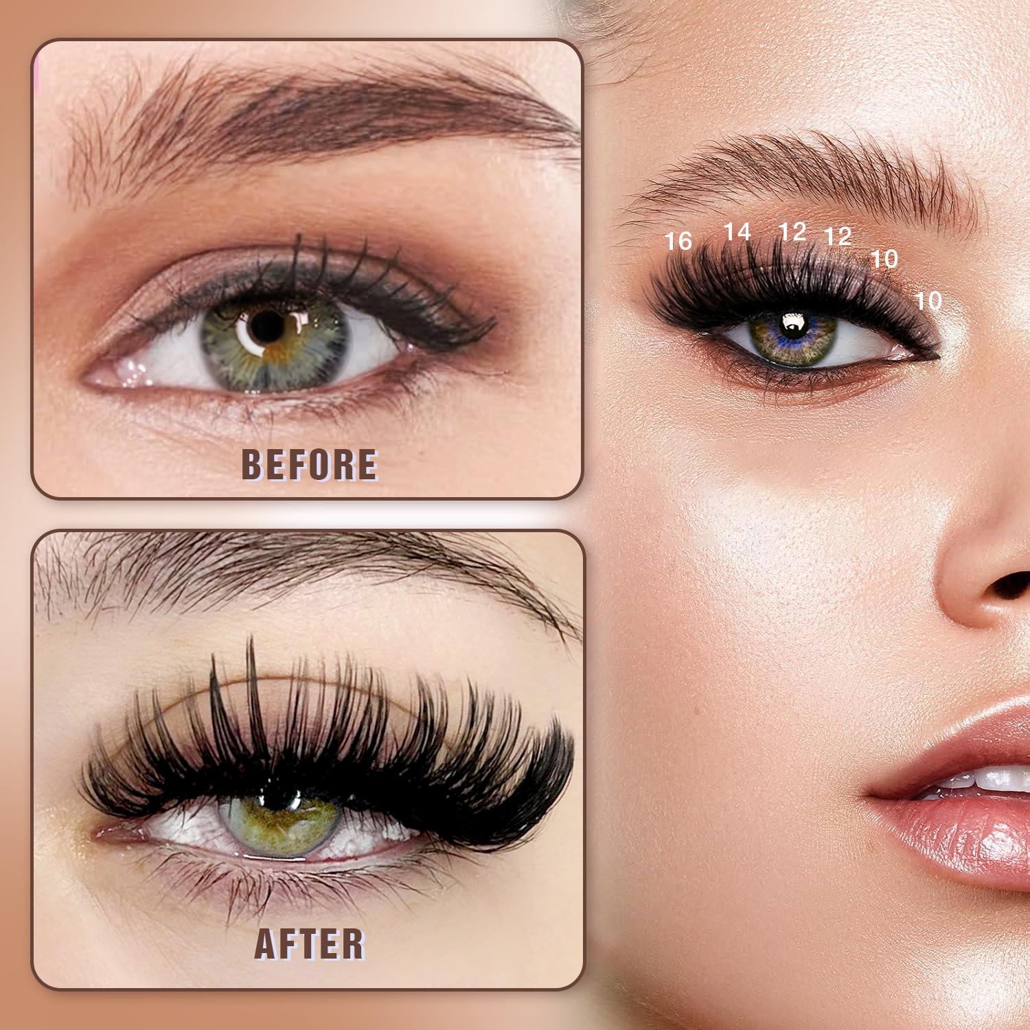 Ailaishi 60D+80D+100D Lash Clusters Kit, 224PCS DlY EyelashExtensions, 10-16mm Dense Volume Lashes with Bond &Seal Remover Tweezers for Self Use