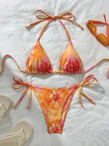 Sibrian Women's Random Print Halter Neck Tied Bikini Set, Summer