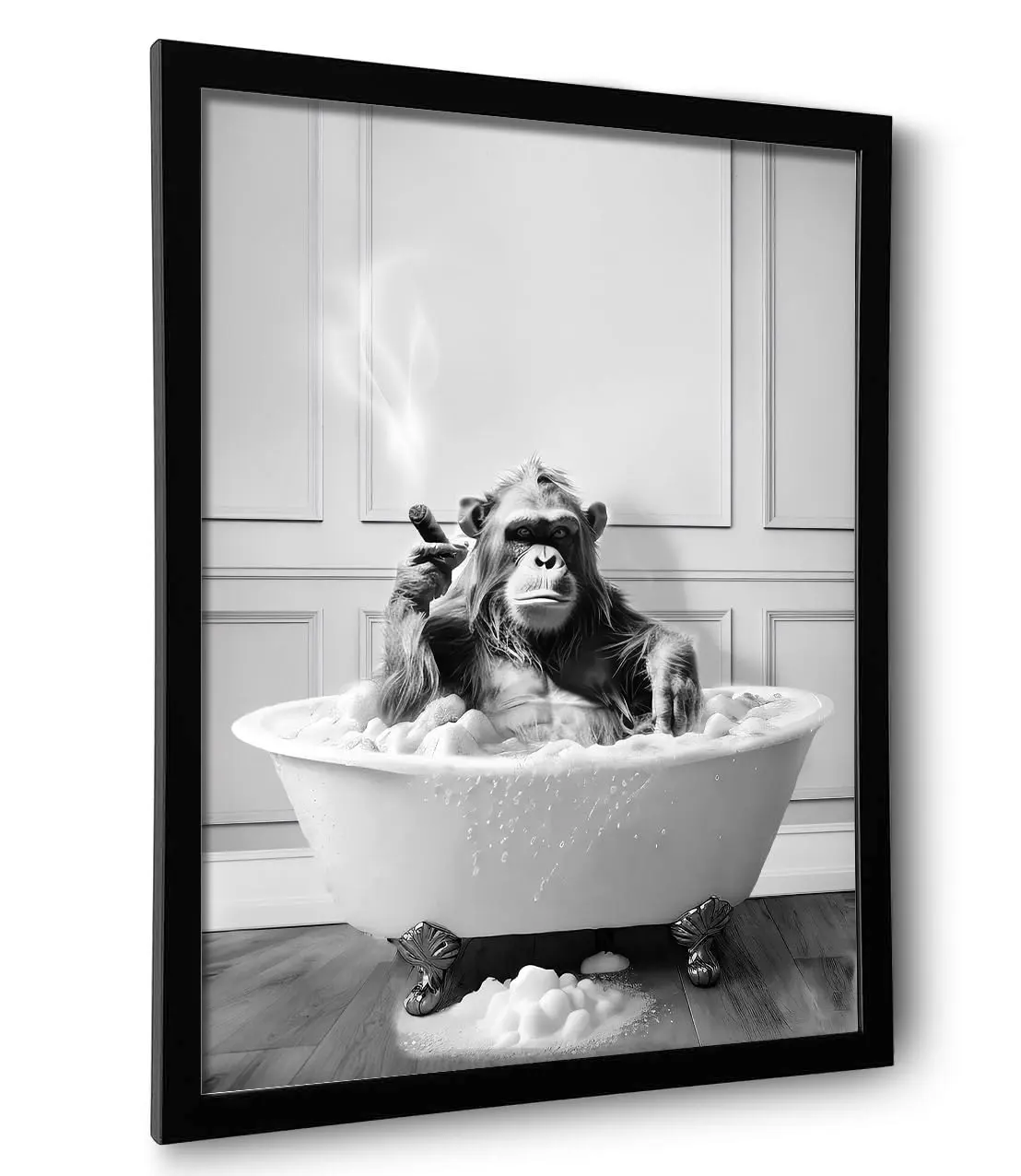 Black and White Framed Chimpanzee Canvas Print - Funny Cute Animal Bathroom Wall Art, Bathtub Wall Decor for Home Restroom Decoration