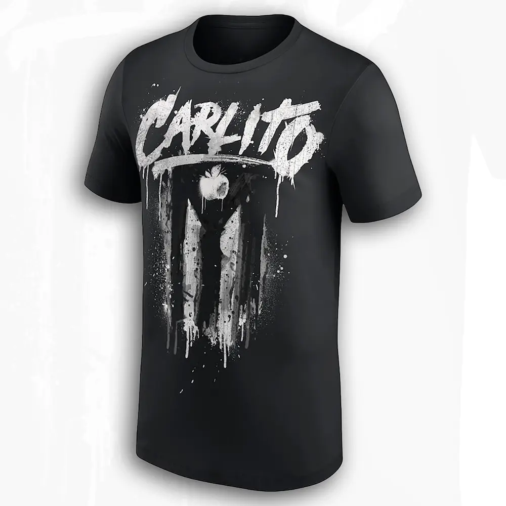 Mens Carlito Flag Round Neck Shortsleeve T-Shirt - Menswear Top, Black WWE Wrestling Fan Apparel, Puerto Rico Graphic Tee, Made in USA Casual Streetwear