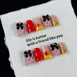 10pcs Candy Dopamine Edition, hand-painted three-dimensional bowknot, five-pointed star, shiny point diamonds, Glittering fake nails, handmade fake nails, Suitable for couples' dates and taking photos at the aquarium, Glossy fake nails
