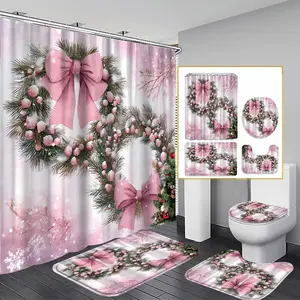Extra Long Christmas Shower Curtain Sets, Winter Bathroom Decor with Bows, Pine Wreath Snowflakes, High Quality Polyester