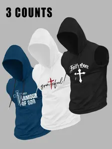 3 Pack Men's Sleeveless Hooded Tank Tops | Christian Faith Blessed Cross Praying Hands Gym Shirts | Ephesians 2:8 Religious Muscle Hoodies for Workout Streetwear