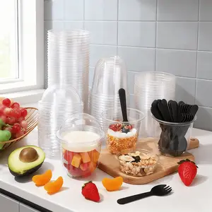 50-Set 12oz Transparent Leak-Proof PET Plastic Disposable Sundae Cups with 50 Dome Lids & Sporks, Ideal for Party Dessert Tables & Catering Takeout (Kitchenware, Bakeware, Baking Utensils)