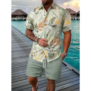 2pcs Men's Vacation Casual Floral Print Short Sleeve Shirt And Solid Color Shorts Set Clothes Pants men's 2 piece set Menswear Polyester AA