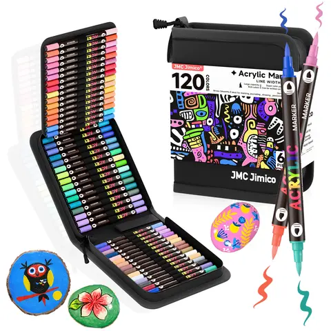 JMC Jimico Double-Ended Acrylic Paint Markers Set with Painting Bag - Art Supplies Kit, 96/120 Colors, 2-Color Options, Waterproof Tips, Beginner-Friendly, All Seasons, Rock/Glass/Wood Use, DIY Crafts Tool