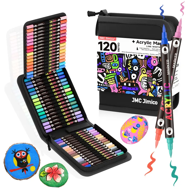 JMC Jimico Double-Ended Acrylic Paint Markers Set with Painting Bag - Art Supplies Kit, 96/120 Colors, 2-Color Options, Waterproof Tips, Beginner-Friendly, All Seasons, Rock/Glass/Wood Use, DIY Crafts Tool