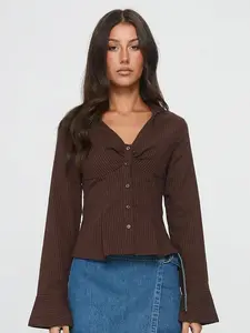 Women's Vintage Pleated Striped Shirt, Lapel Slim Fit Blouse, Commuter Wear, Retro Style, Casual Fashion Top