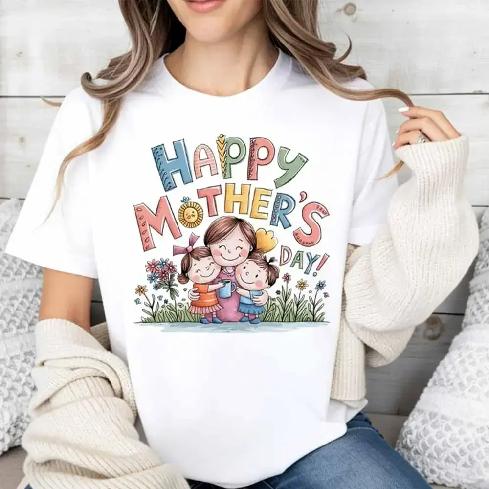 Happy Mothers Day T-Shirt, Cute Mom and Kids Graphic Tee, Family Love Mom Shirt, Mother's Day Gift Shirt, Trendy Women Outfit, Gift for Mom Wife Grandma, Unisex Casual T-Shirt