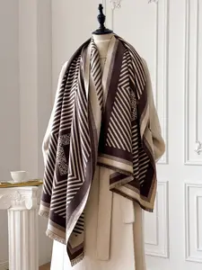 Women's Elegant Fall Winter Scarf, Striped Geometric Pattern, Striped Accents, Thick Woven Fabric, Fitted Design, Fitted Shape, Fashion Accessory for Daily Wear