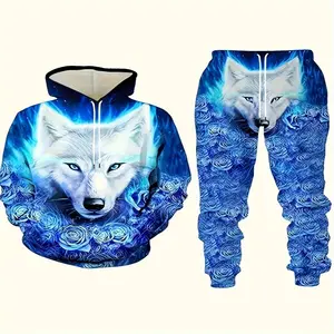 Men's Plus-Size 2-Piece 3D Wolf Print Casual Sports Hoodie and Sweatpants Set, Animal Design Autumn Winter Clothing, Animal Pattern