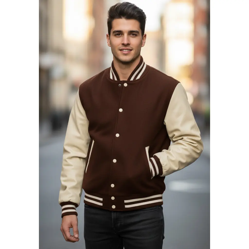 Deckra Men's Chic Varsity Jacket in Brown/Cream, Handmade Wool Body with Genuine Leather Sleeves, Letterman Style with Embroidery, Clothes, Sporty Chic, Wool & Leather, Varsity Look, Long Sleeve, Button Front, Baseball Jacket, Casual