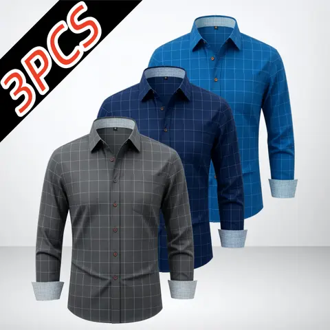 3-Pack Men’s Plaid Long Sleeve Business Shirts, Ice Silk High Stretch, Wrinkle-Free Fabric, Pointed Collar with Contrast Buttons, Slim Fit that Doesn’t Restrict Movement, Versatile for Office Commuting