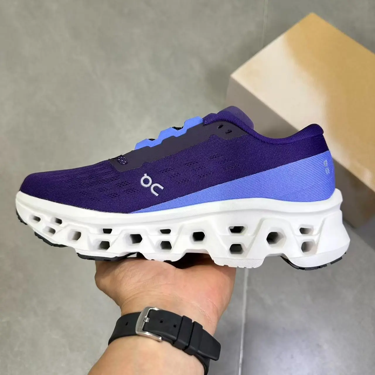 Vintage Style Purple Blue Contrast Knit Mesh Athletic Sneakers, Hollow Cushioned Outsole, Shock Absorb Wear Resistant Jogging Walking Trainers