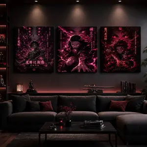 Demon Slayer Canvas Wall Art Set, Dark Red Anime Poster, Japanese Manga Style Wall Decor, Anime Character Print for Bedroom, Gaming Room, Living Room, Anime Room, Dorm, Studio, Office, Gift for Anime Fans