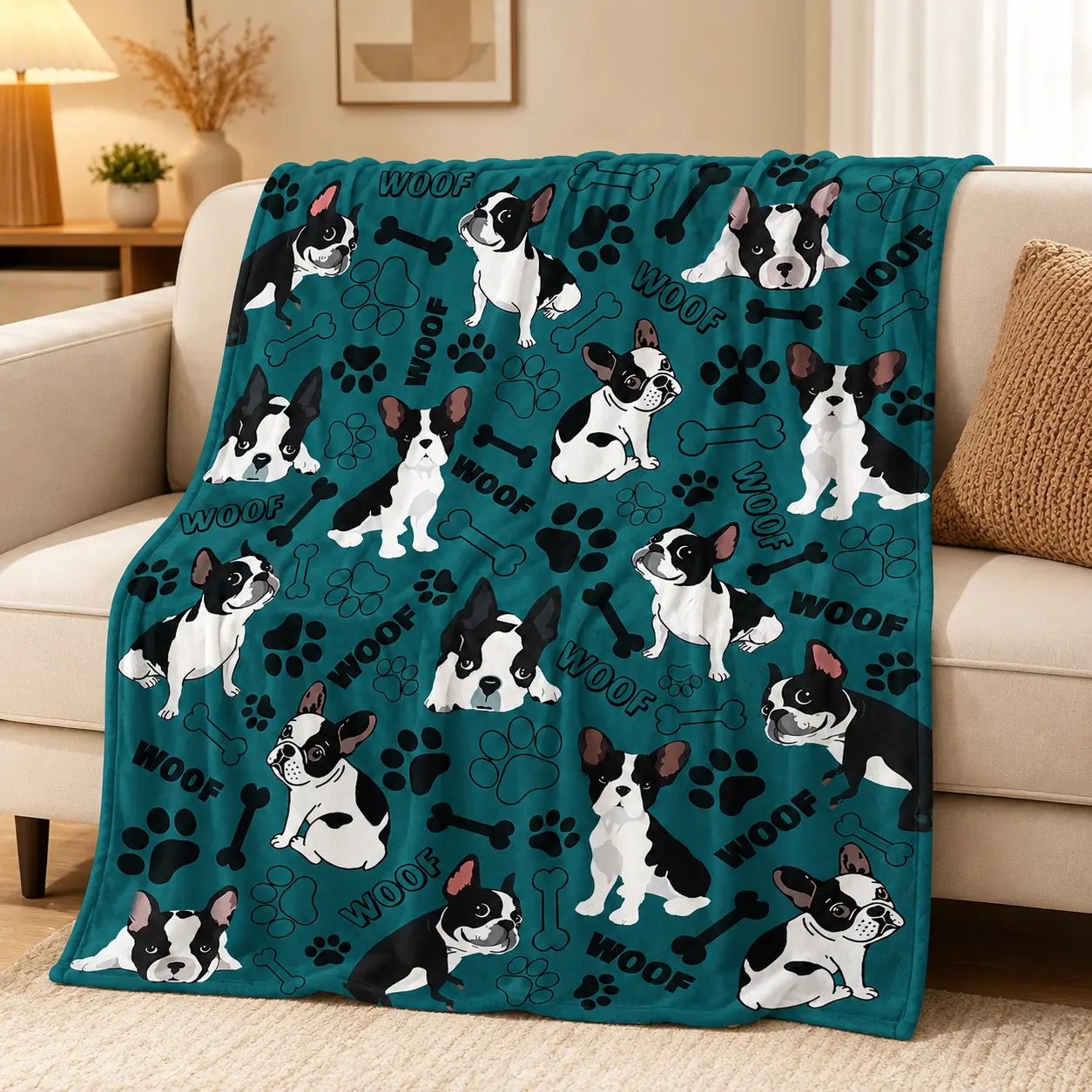 French Bulldog Flannel Blanket, Soft Cozy Frenchie Dog Throw Blanket, Cute Dog Lover Gift for Women Men, Couch Bed Sofa Bedroom Decor