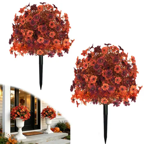Spiked Ball Artificial Flowers Fall Mums Mix Decorative Topiary Ornaments - 22 in UV-Resistant PE & Silk Artificial Flowers, 6.3-in Ground Spikes, Outdoor Decor, Home Entryway/Porch Decor (1/2 Pack & 2 Pack Options)