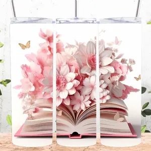 30 oz Tumbler with 3-D Pink flower with book with option to personalized it with your name