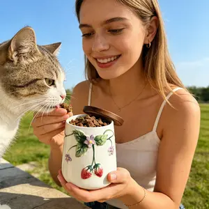 Portable Ceramic Pet Food Can, Sealed Small Portion Cat & Dog Food Container, Easy Clean Outdoor Use, High-Quality Strawberry Shape