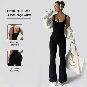 Women's one-piece sports jumpsuit - square neck flared pants sportswear, butter soft elastic yoga jumpsuit, moisture absorbing and shaping fitness sportswear, suitable for gym, hiking and fitnessRAIMENTRY