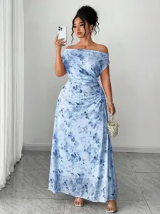 ZENIE Plus Size Elegant Date Night Off Shoulder Cinched Waist Floral A Line Maxi Dress Party Outfit